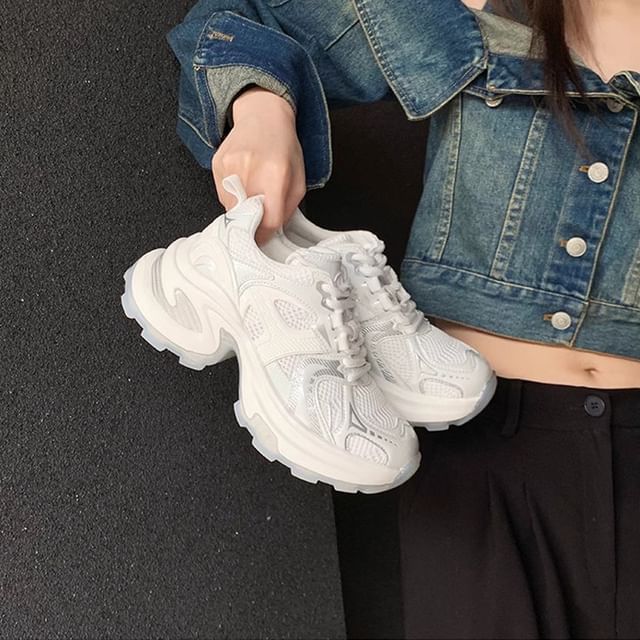 Panel Genuine Sneakers Lace-Up Mesh Platform Leather