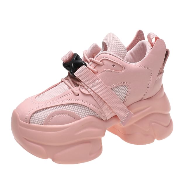 Mesh Sneakers Buckled Lace-Up Platform