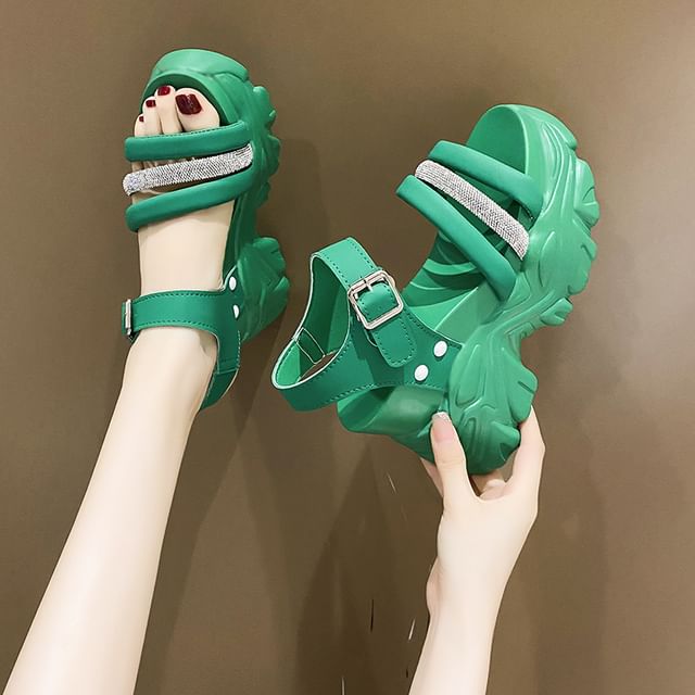 Chunky Rhinestone Heel Strappy Platform Sandals