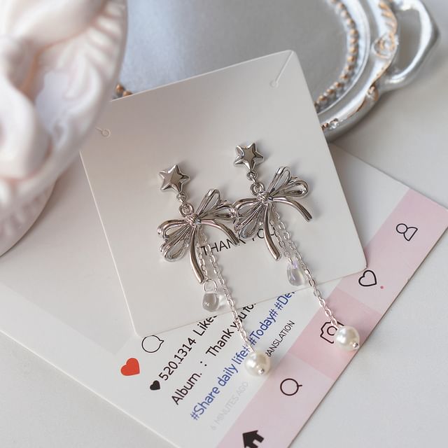 Drop Earring Faux Sterling Silver Bow Clip-On Pearl / 925