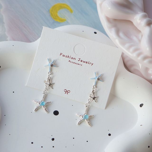 Clip-On Rhinestone Silver Earring Sterling Starfish 925 Drop /