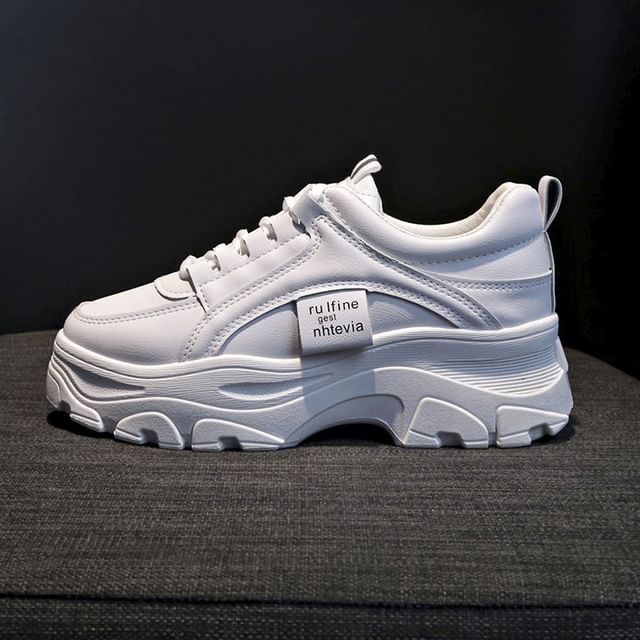 Platform Lace-Up Sneakers Plain Leather Faux