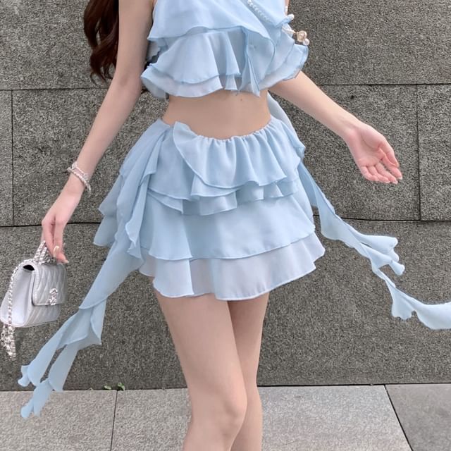 Mini Ruffle A-Line Waist Crop Top Tiered High / Skirt Camisole Plain