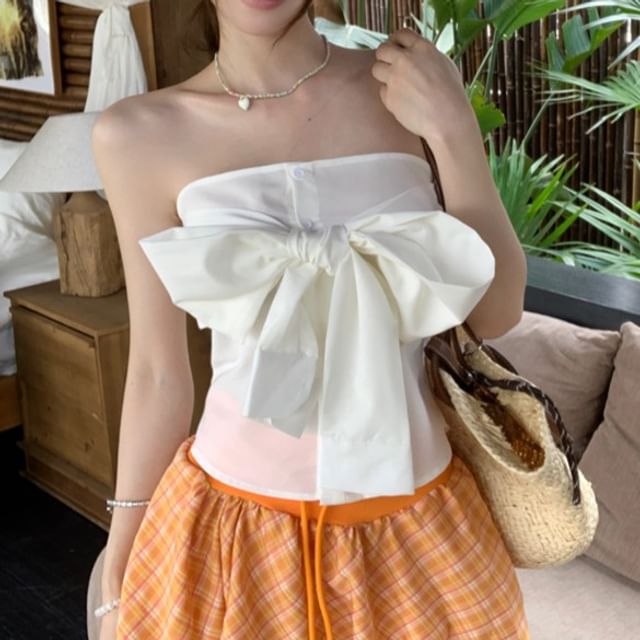 A-Line Tube Plaid Drawstring Waist Skirt Top Plain / Balloon Bow Mini