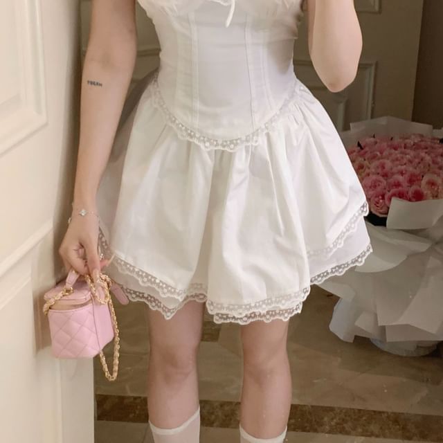 Bow Cap Skirt Blouse Lace Trim / Square Plain Mini Sleeve High Ruffle Neck A-Line Waist