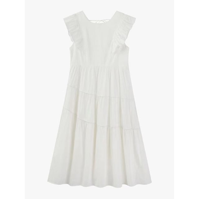 Tiered Cap-Sleeve Dress A-Line Neck Trim Plain Midi Round Ruffle