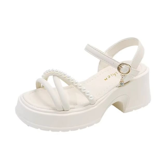 Pearl Block Faux Sandals Heel Platform