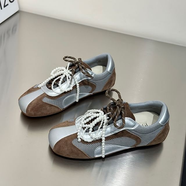 Bow Sneakers Square Toe Mesh Panel Beaded