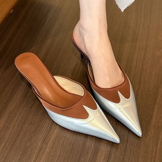 Two Kitten Heel Pointed Mules Toe Tone