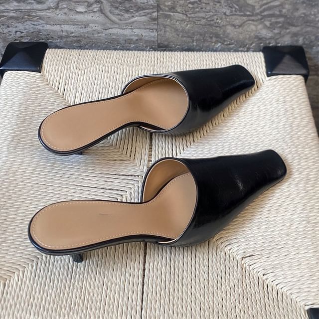 Faux Square Mules Kitten Leather Heel Toe