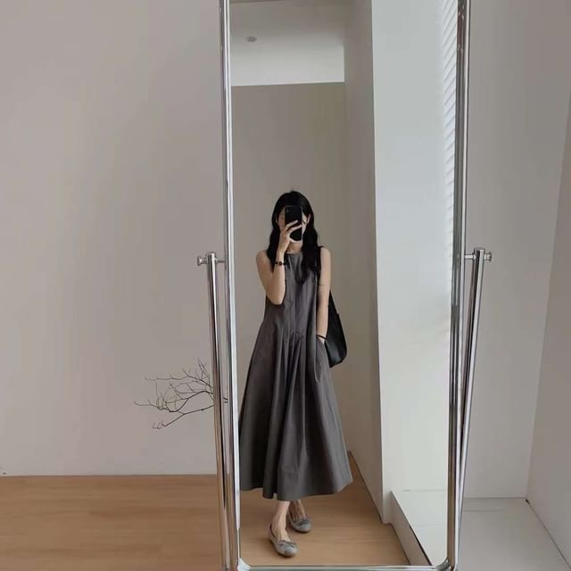 Pleated Neck A-Line Dress Sleeveless Midi Plain Crew