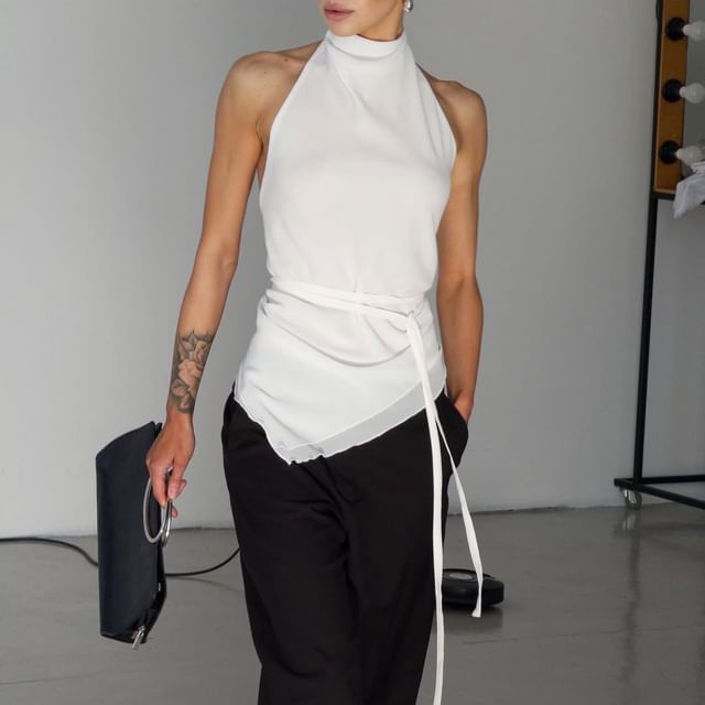 Mock Back Slim Neck Open Plain Asymmetrical Crop Fit Top Halter