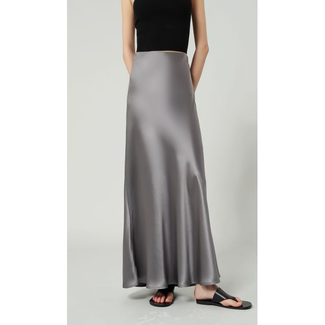 Plain Maxi High Skirt Satin Waist A-Line