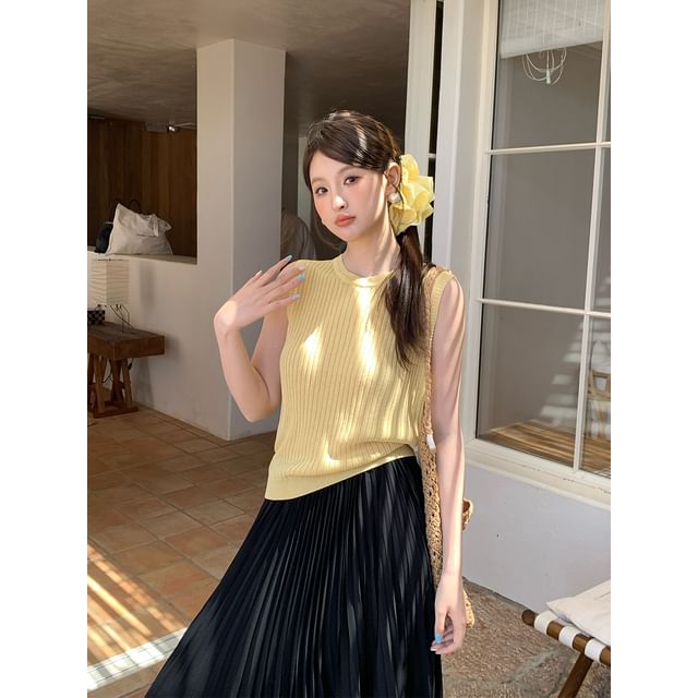 Sleeveless Neck Knit Ribbed Plain Crew Top