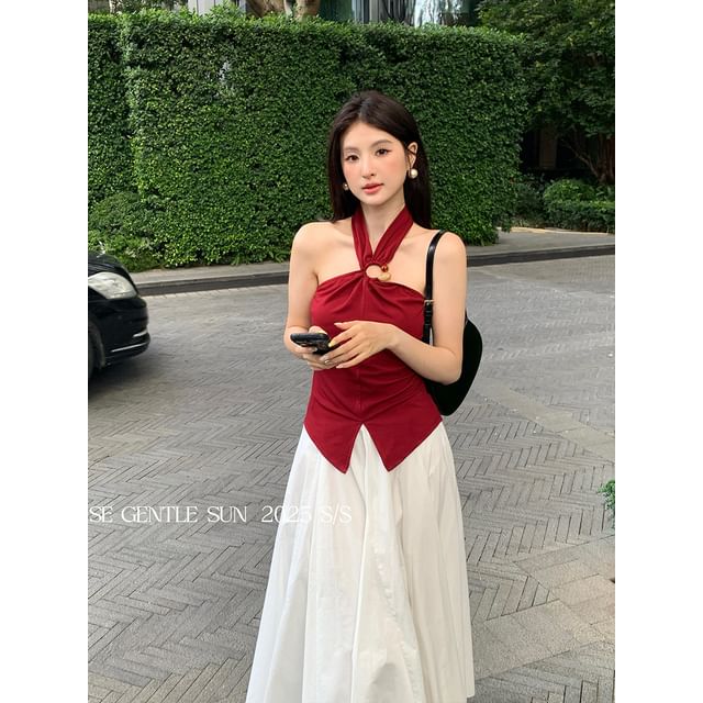 Neck Slit Plain Crop Halter Camisole Top