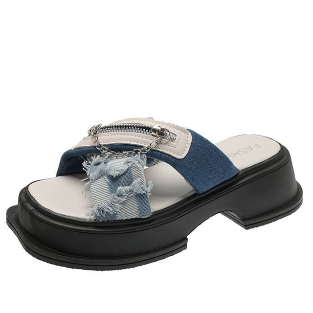 Chain Sandals Zipped Platform Detail Cross Heel Strap Chunky Slide