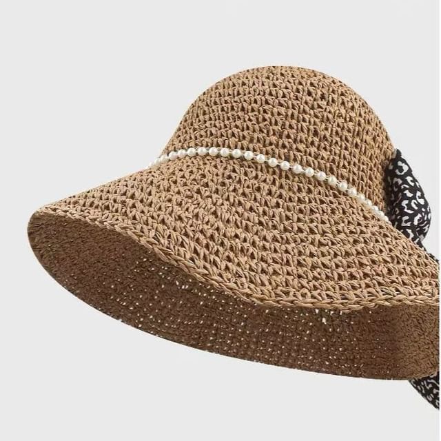 Faux Hat Bucket Straw Pearl Bow