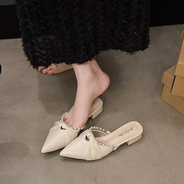 Toe Mules Knot Pearl Faux Chunky Heel Pointed