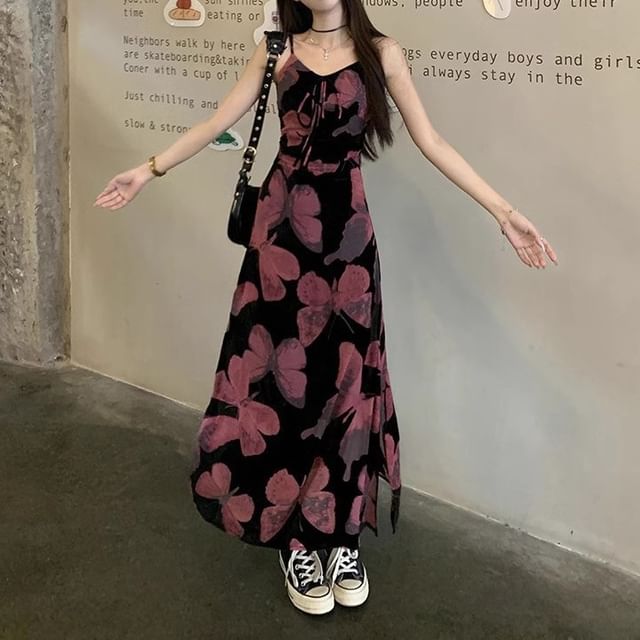 A-Line Designs) Floral (Various Spaghetti Dress Strap V-Neck Print