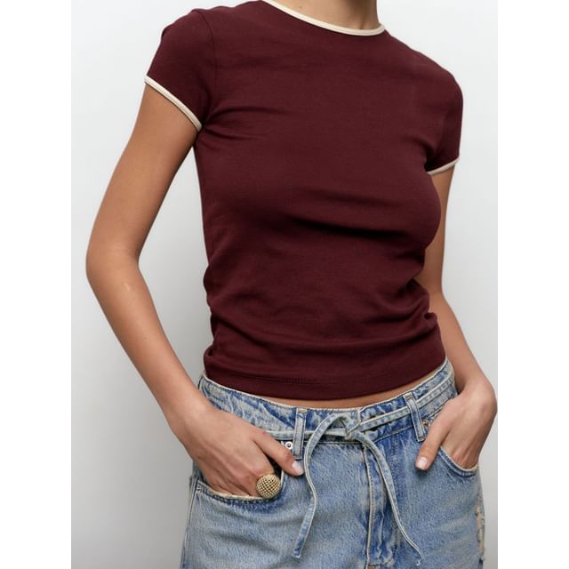 Contrast Crop Short-Sleeve Neck Fit Slim Tee Trim Crew
