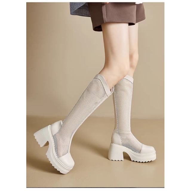 Tall Boots Platform Heel Mesh Block Plain