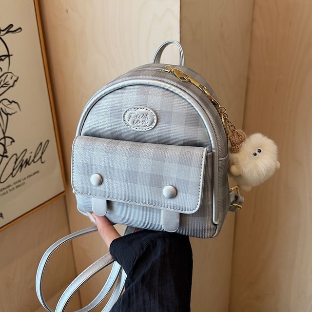Leather Plaid Flap Backpack Faux