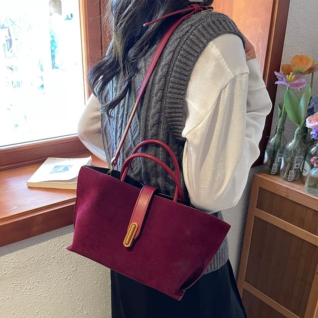 Handle Top Bag Crossbody Suede Pouch With Faux Plain