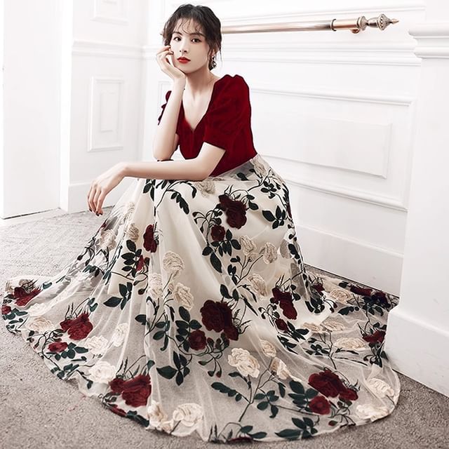 Short-Sleeve Square Neck Floral Panel Evening Gown / Cocktail Dress (Various Designs)