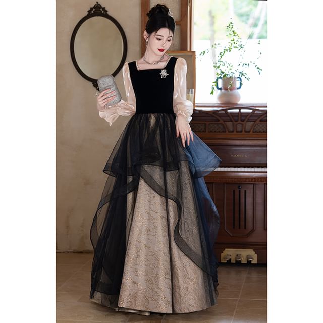 Square Neck Faux Pearl Trim Panel Mesh Overlay Jacquard A-Line Evening Gown (Various Designs)