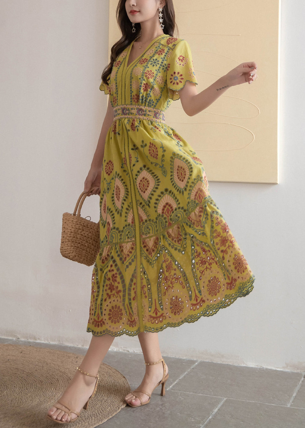 V Dress High Yellow Waist Cotton Summer Long Neck Out Hollow