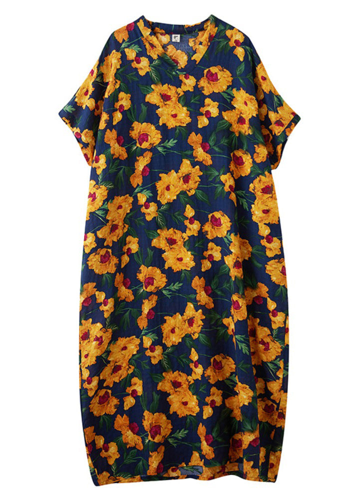 Batwing Yellow Dress Oversized Long Sleeve Cotton Print