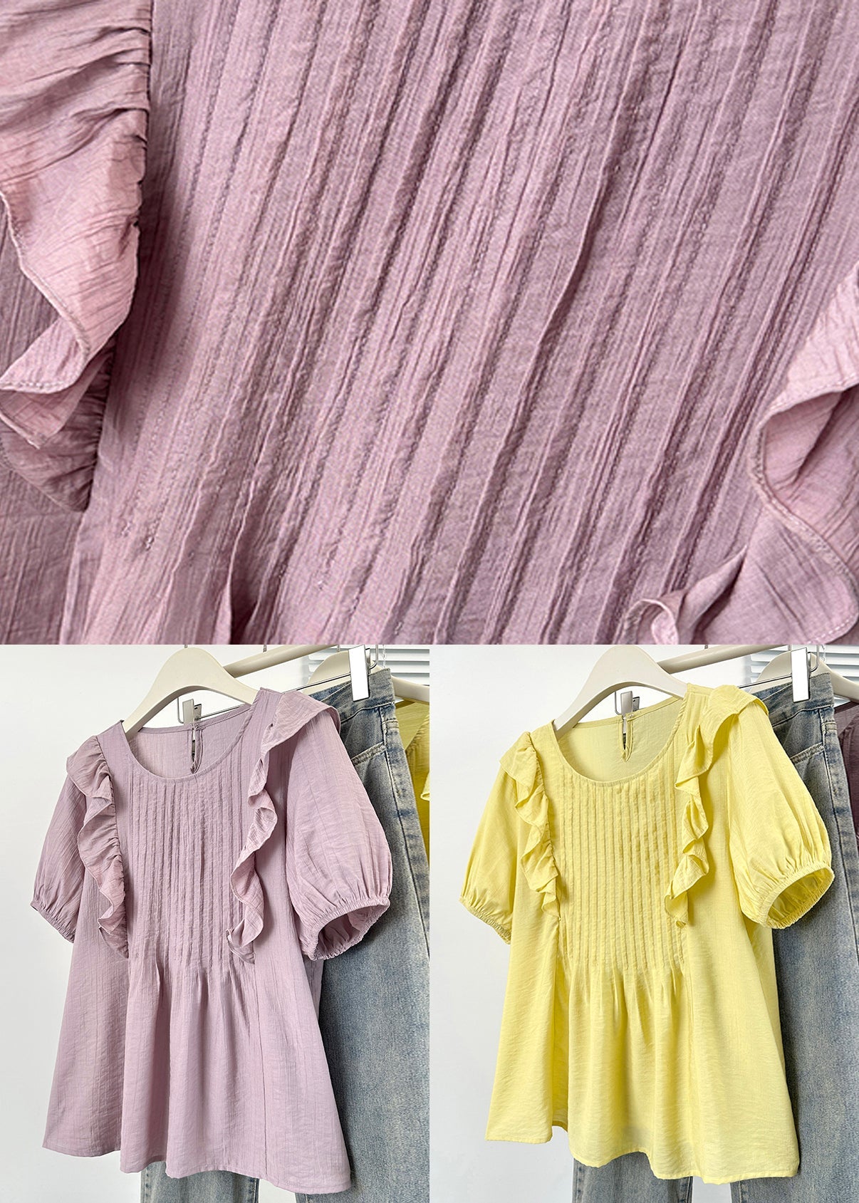 Neck Yellow Button Shirts Solid Cotton O Ruffled