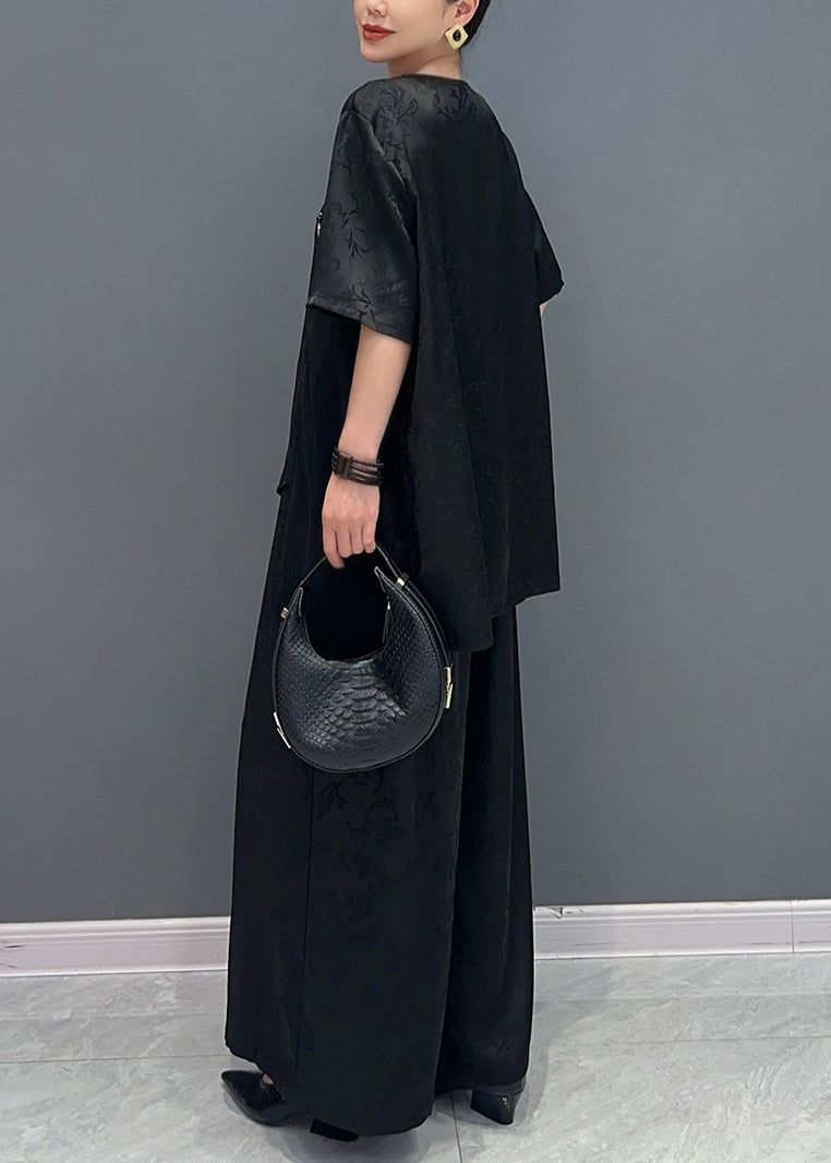 Neues Zweiteiler-Set aus Seidenjacquard-Oberteil und Hose mit weitem Bein im chinesischen Stil AO1019
