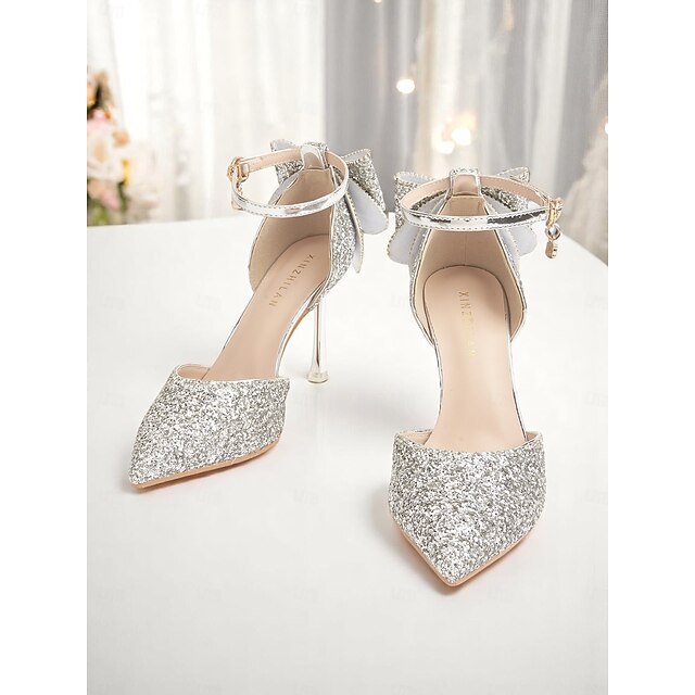 Silver Heels Glitter Bow Toe Pointed - Women's Sparkly