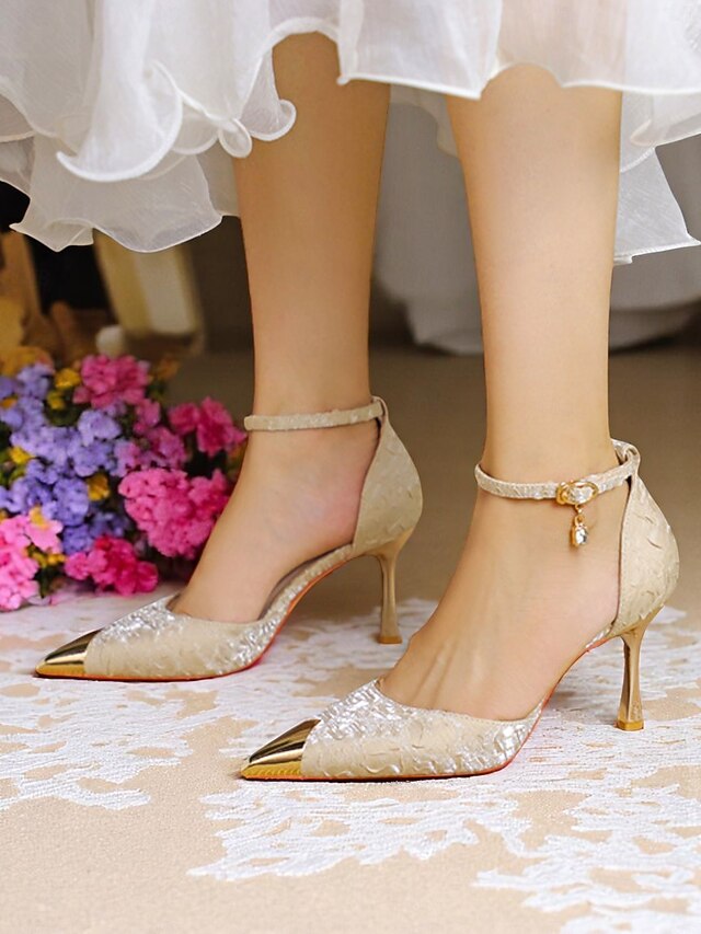 Heels Accents with Pointed and Satin Gold Toe Beige Women's