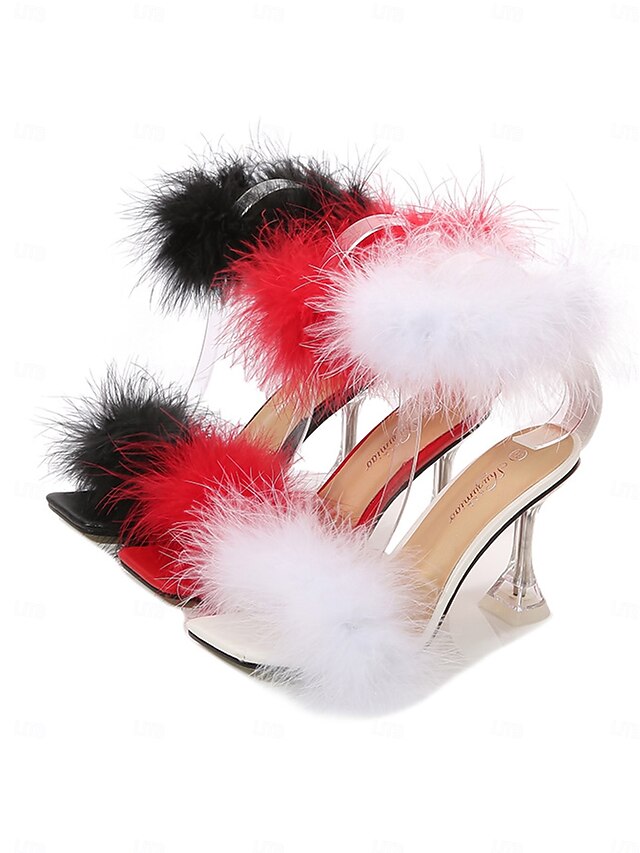 Clear Heel High Feather-Embellished Sandals with Turquoise