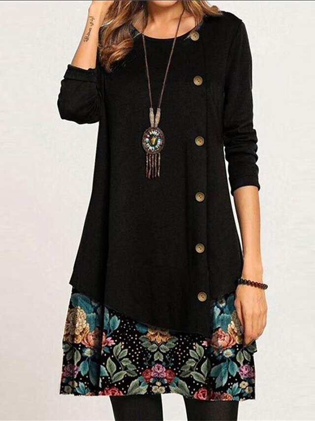 Women's Floral Button Print Crew Neck Mini Dress Daily