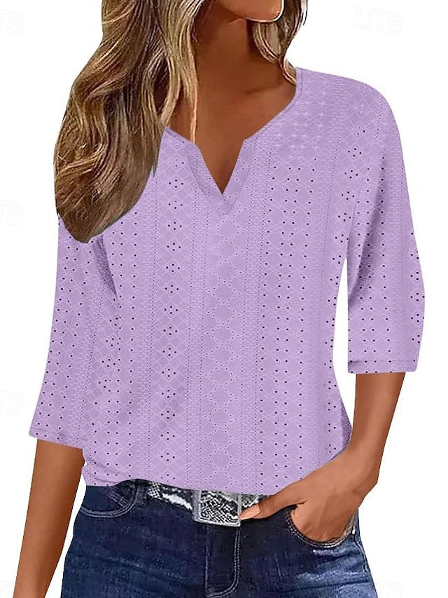 Women's Texture Blouse Eyelet Top Pointelle Tee Blouse