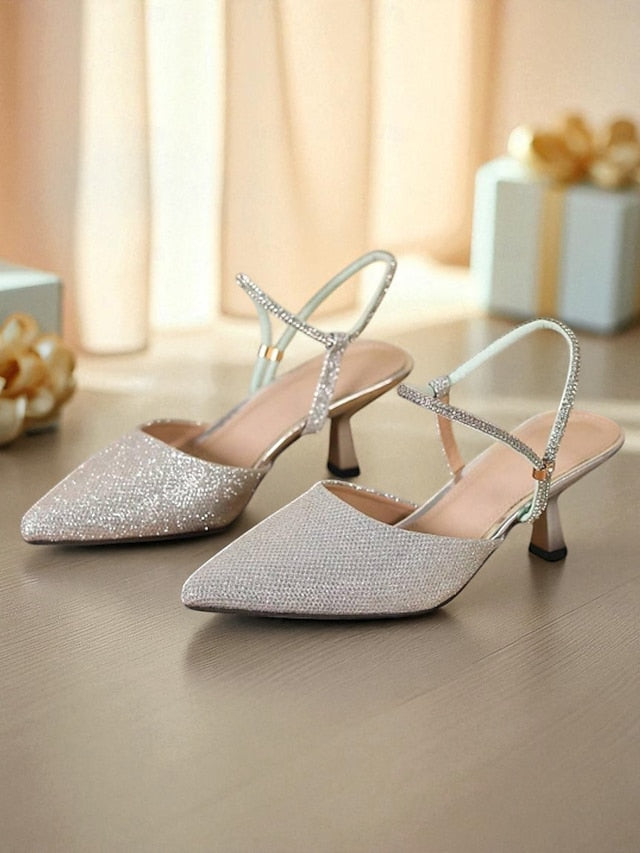 Toe Glitter Pointed Slingback Women's with Heels Silver