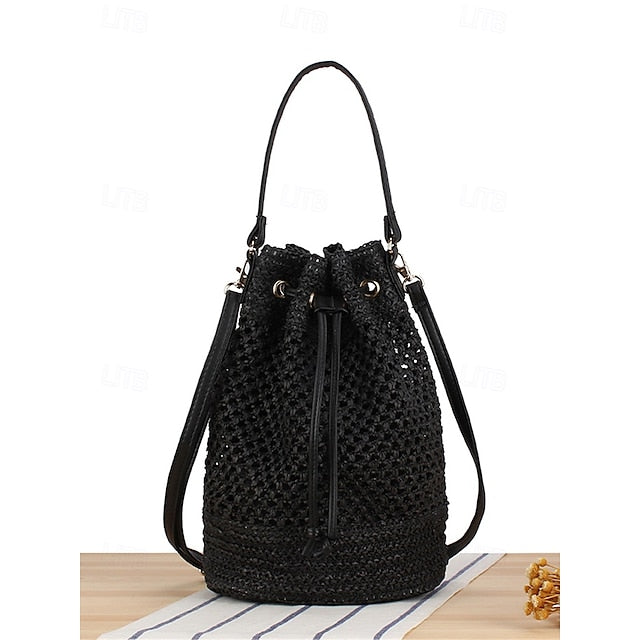 - Drawstring Summer Bucket Bag Woven Women’s Stylish with Tote