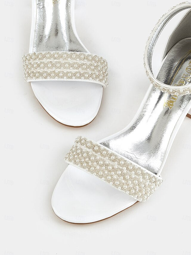Strap with Ankle Ivory Open-Toe Heels for Pearl-Embellished