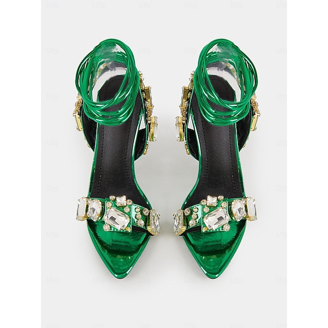 Women's Metallic Heels Lace-Up Stiletto with Green