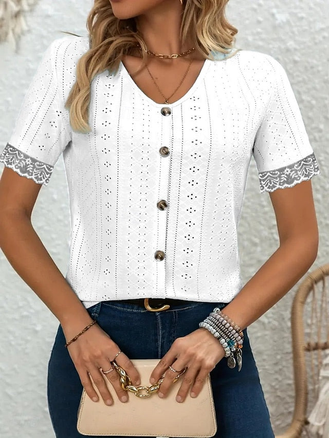 Women's T-Shirt Solid Color Stylish Casual Short Sleeve V