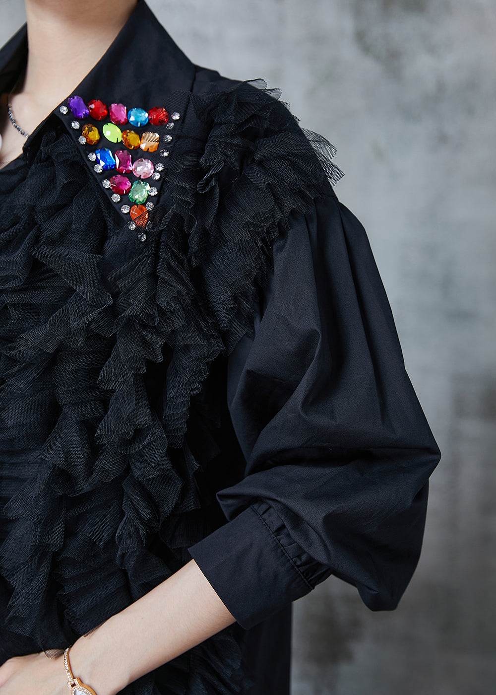 Italienische schwarze Rüschen-Patchwork-Edelstein-Baumwollblusen Herbst QA1001