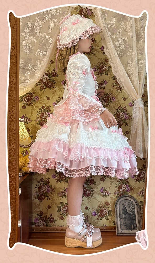 Dress Sweet Princess Pink Lolita with Detachable Bow Accents Sleeves Waist High White