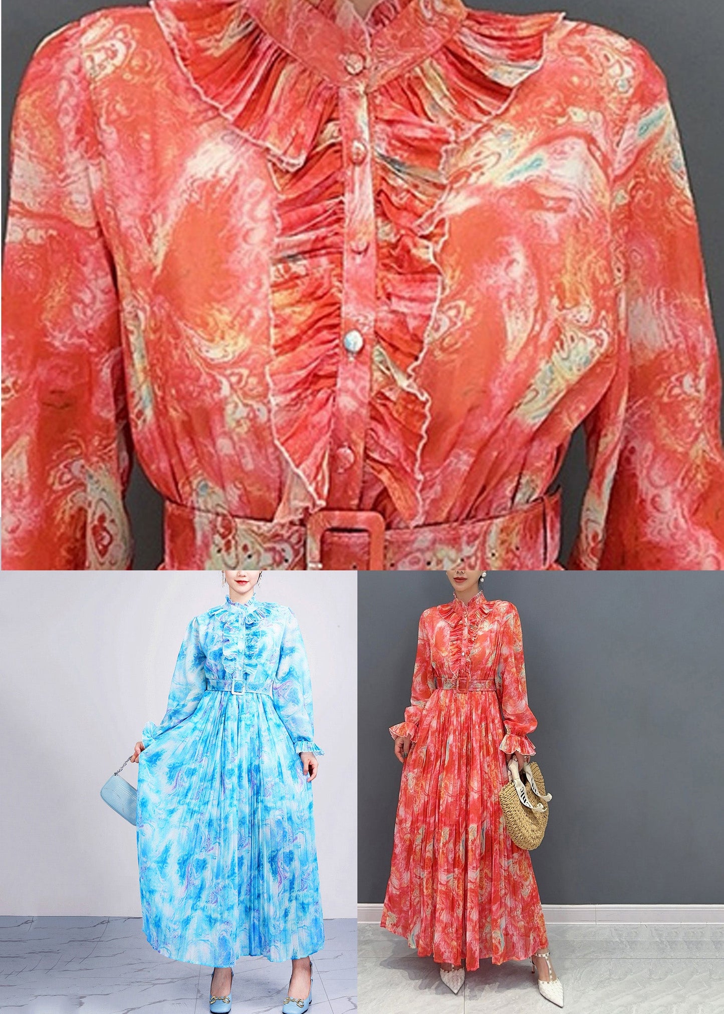 Long Chiffon Sashes Print Red Stand Collar Fashion Dress