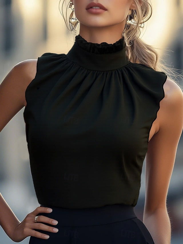 Women's Shirt Satin Shirt Blouse Sleeveless Shirt Ruched