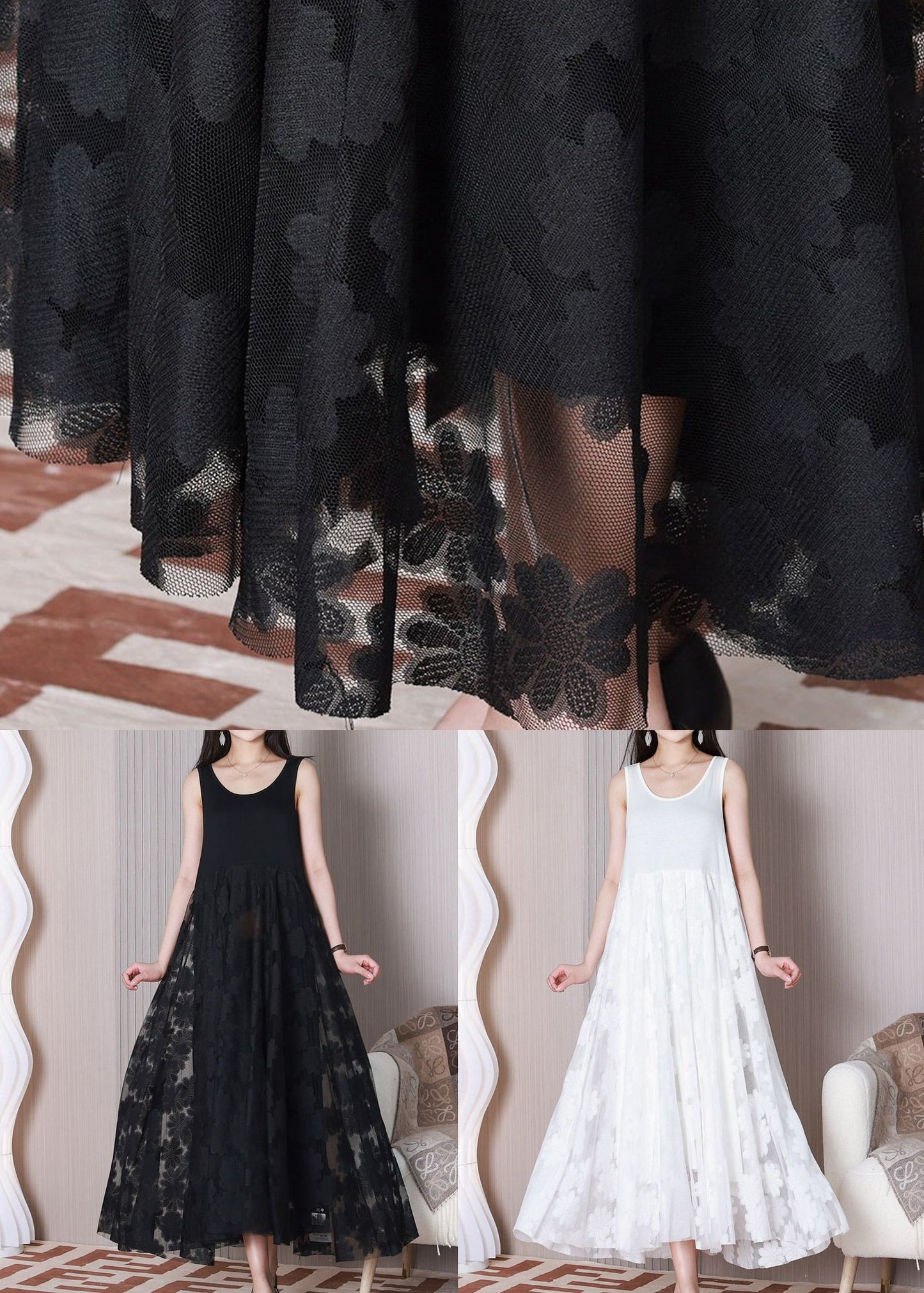 Robe noire en coton patchwork à col rond pour femme sans manches TT1024