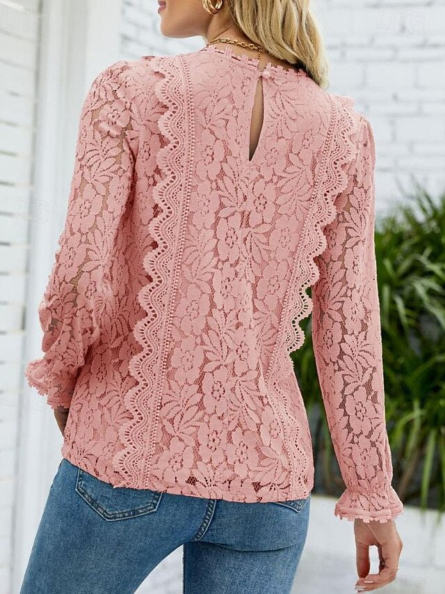 Women's Elegant Lace Tops Eyelet Blouse Elegant Solid Color