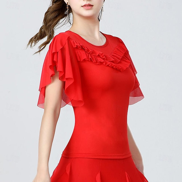 Latin Dance Ballroom Dance Top Pure Color Splicing Tulle